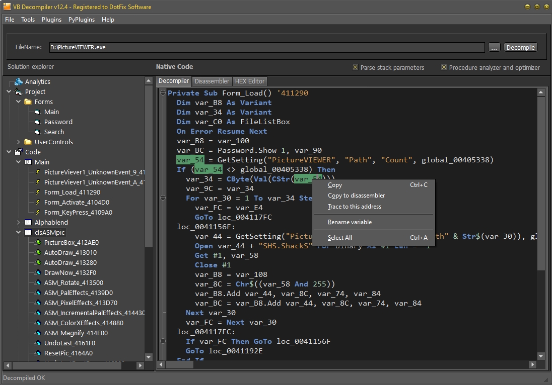 Переименование переменных 1 в VB Decompiler