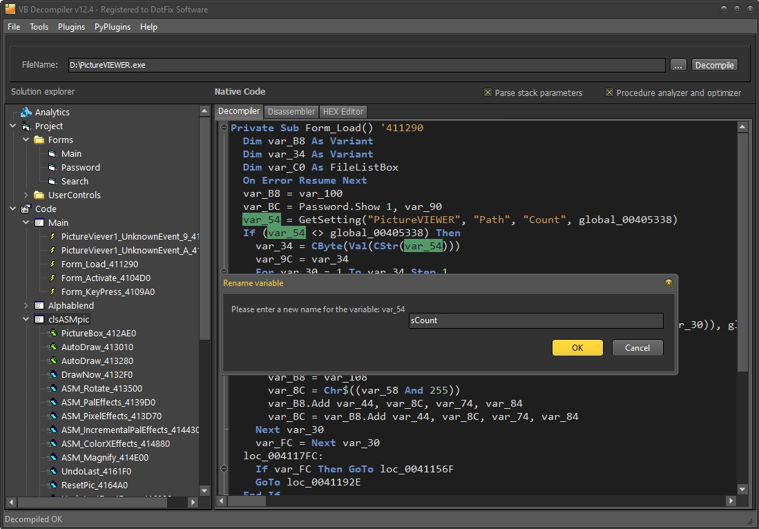 Переименование переменных 2 в VB Decompiler