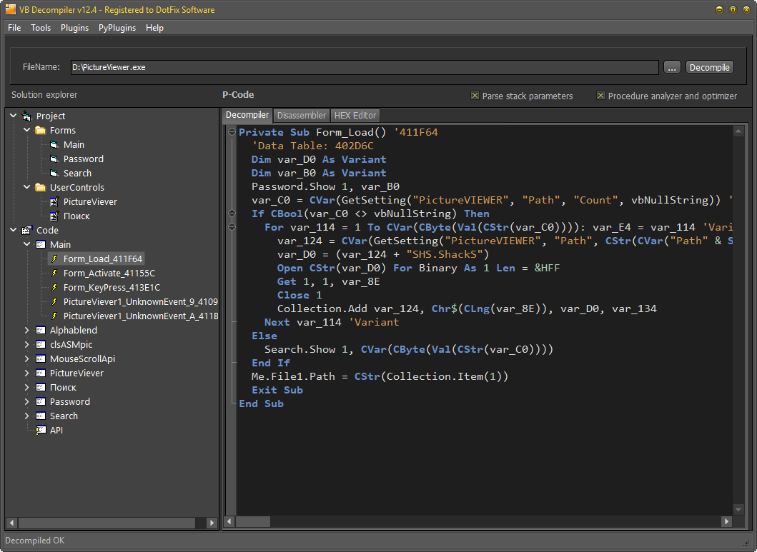 VB Decompiler декомпиляция P-Code
